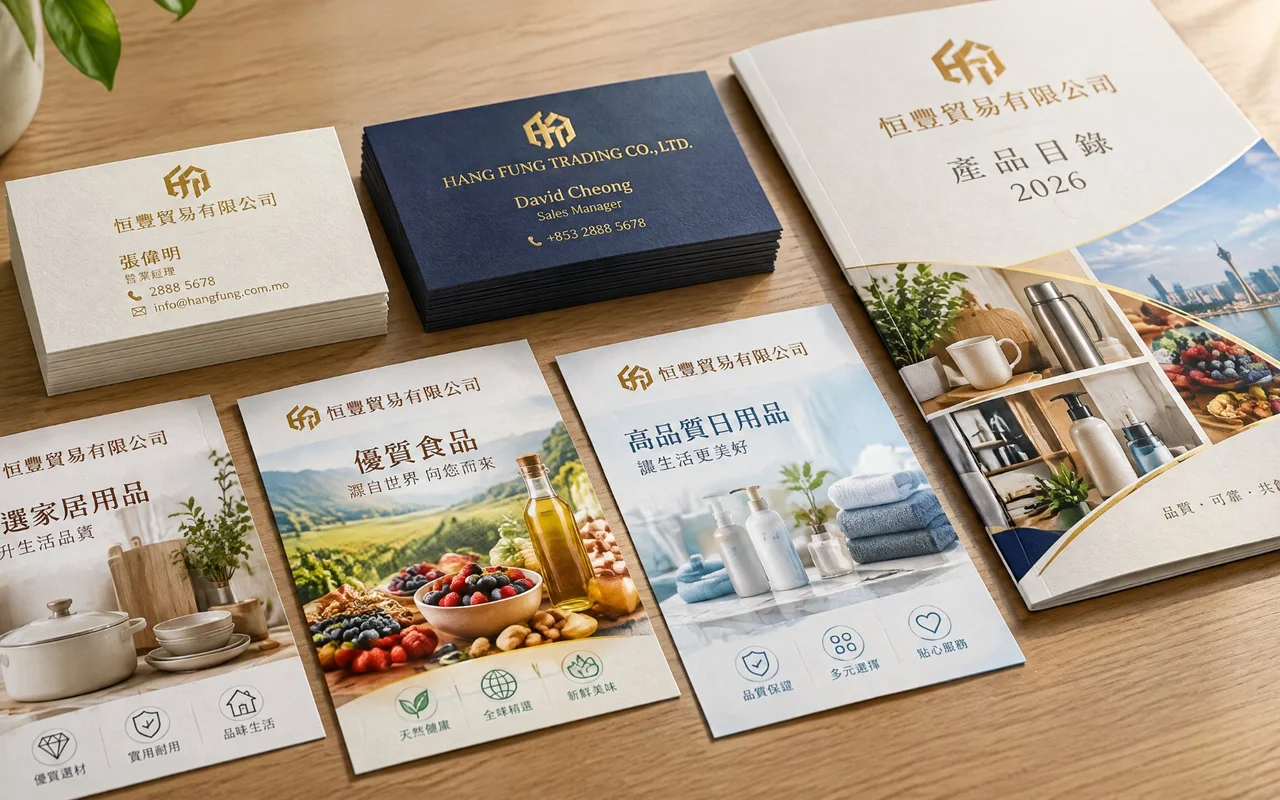 澳門名片印刷燙金成品案例 - 恒豐貿易有限公司米白棉質卡燙金名片中英文兩面與產品目錄