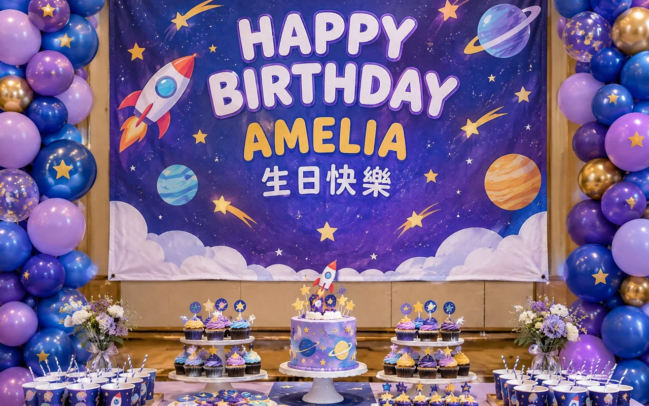 澳門橫額印刷案例 - 生日會活動帆布 Banner 星空主題派對背板與甜品桌佈置實景