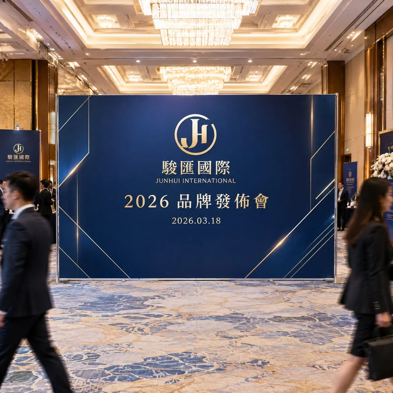 澳門拉網展架製作 - 駿匯國際品牌發佈會會場背景板實景