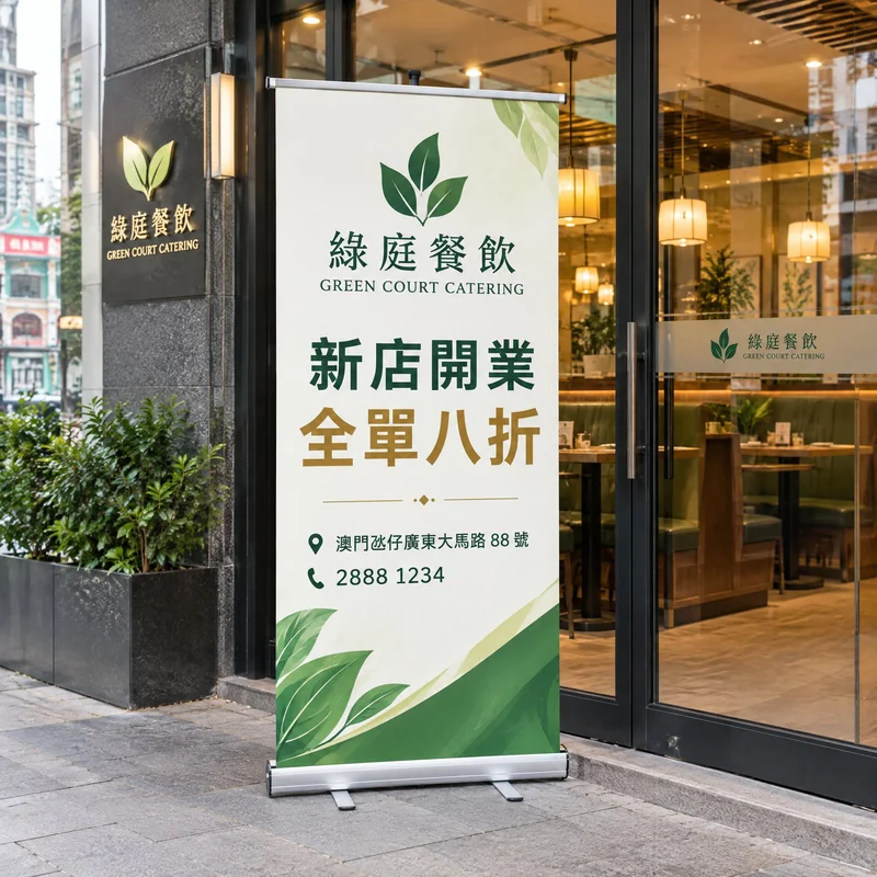 澳門易拉架印製 - 綠庭餐飲新店開業宣傳 Roll-up 展架門市實景