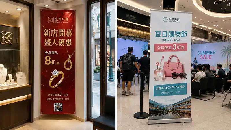 澳門橫額實際安裝效果 - 街鋪門口商場活動現場Banner成品展示
